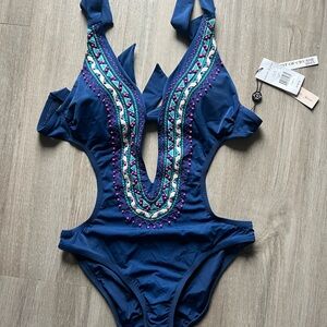 Nanette Lepore Navy One-Piece Swimsuit with Multicolor Embroidery
